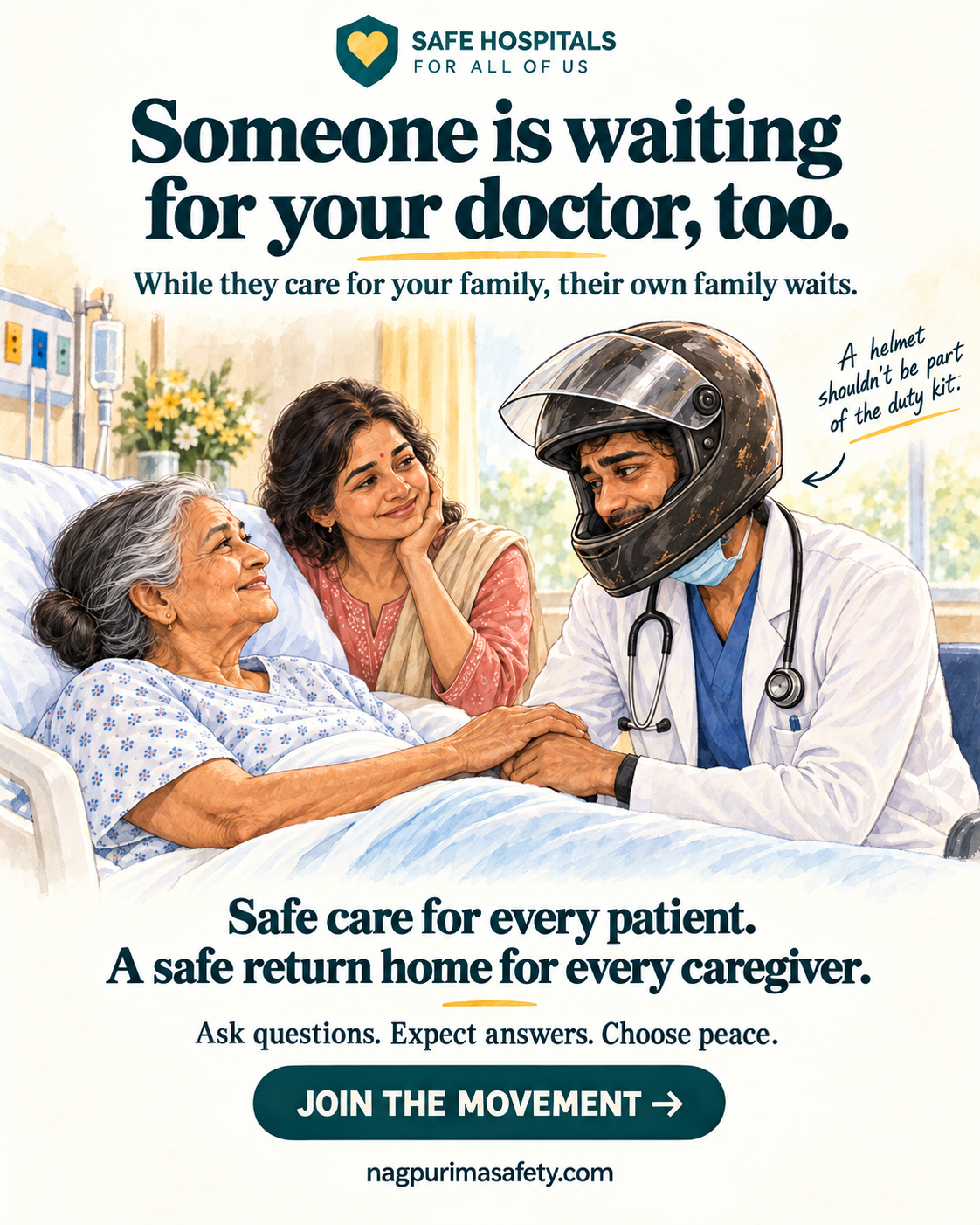 A family and a helmet-wearing doctor share a moment of care. Safe Hospitals campaign poster.