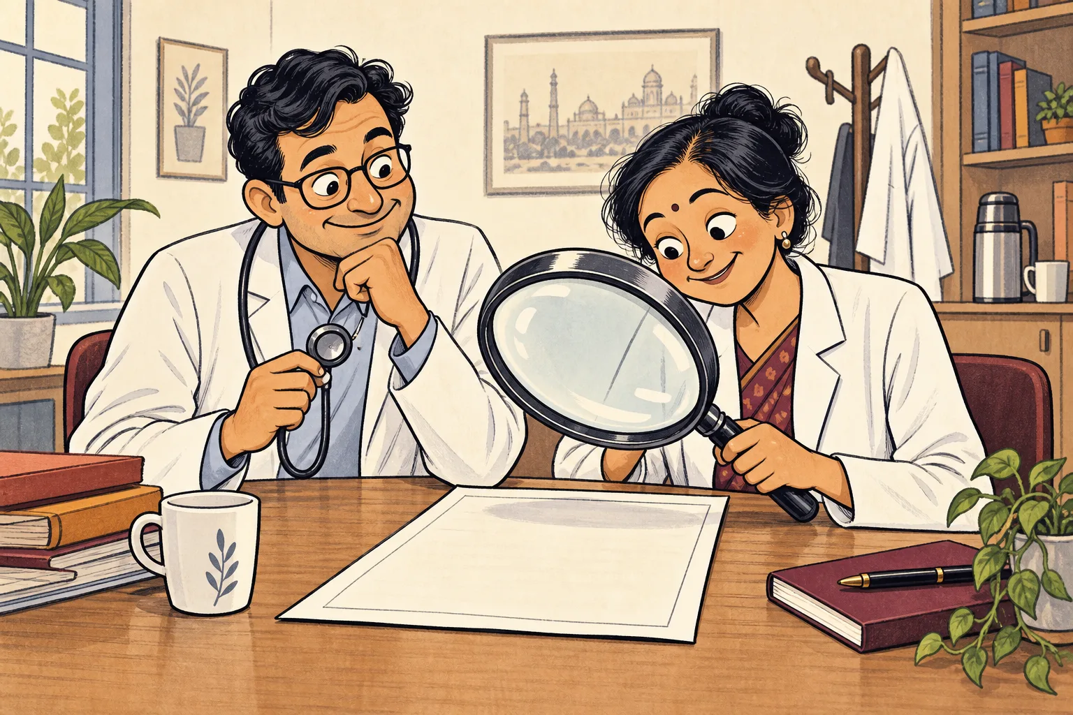 Two doctors use a large magnifying glass to read a policy document in their staff room.