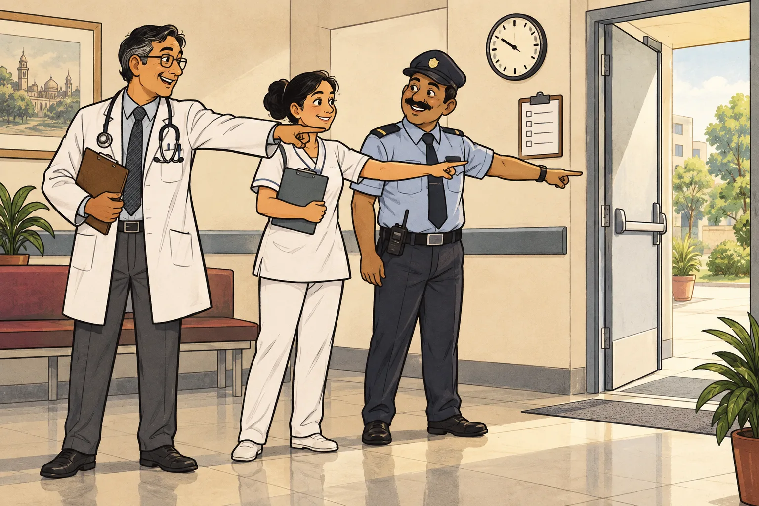 A doctor, nurse and security officer point together toward an open exit during a practice drill.