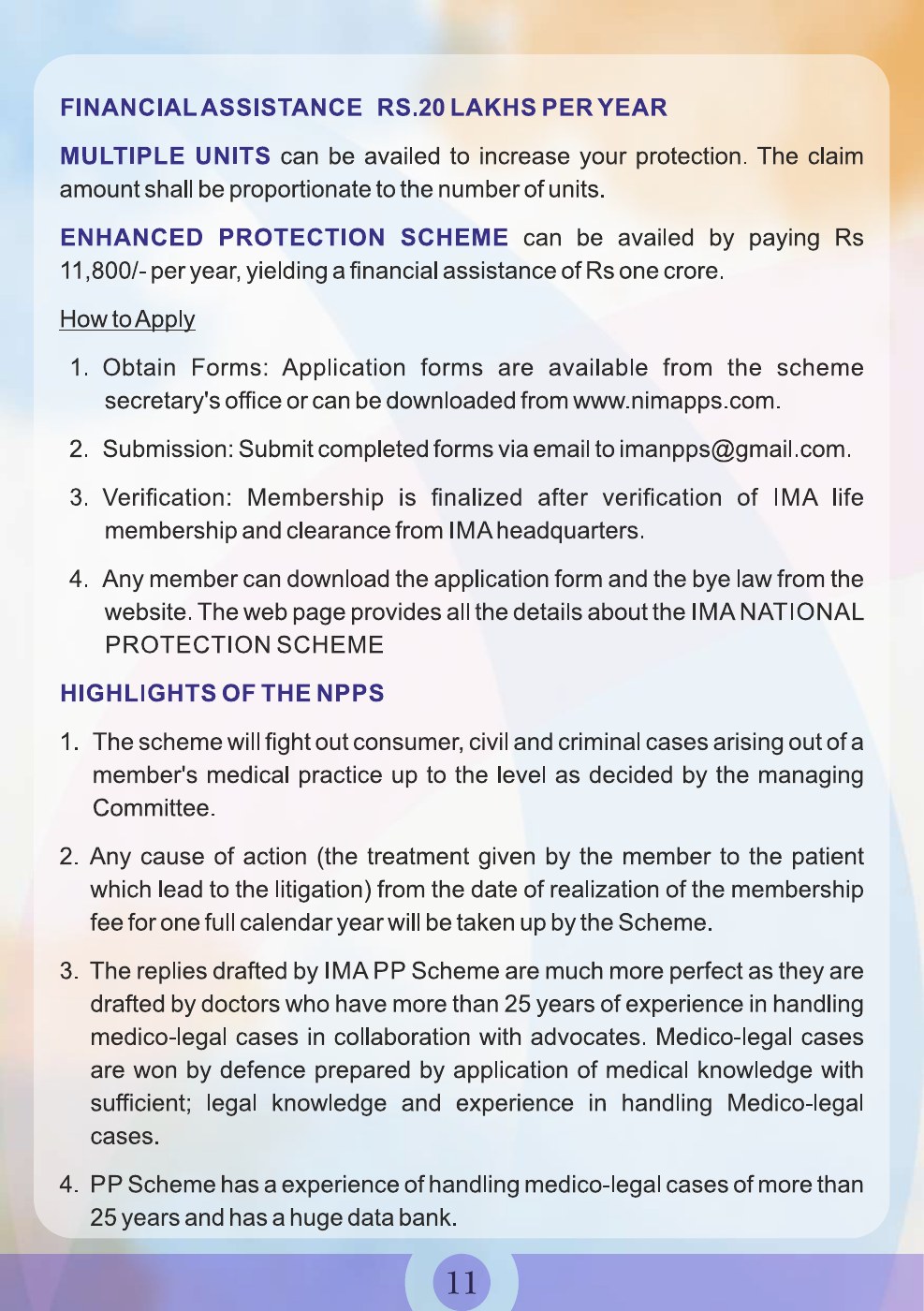 Scanned official IMA schemes brochure, page 11: Professional Protection Scheme continuation