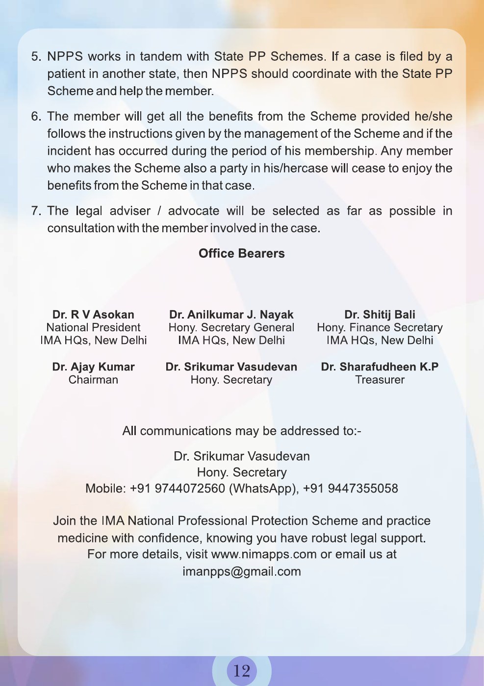 Scanned official IMA schemes brochure, page 12: Professional Protection Scheme contacts