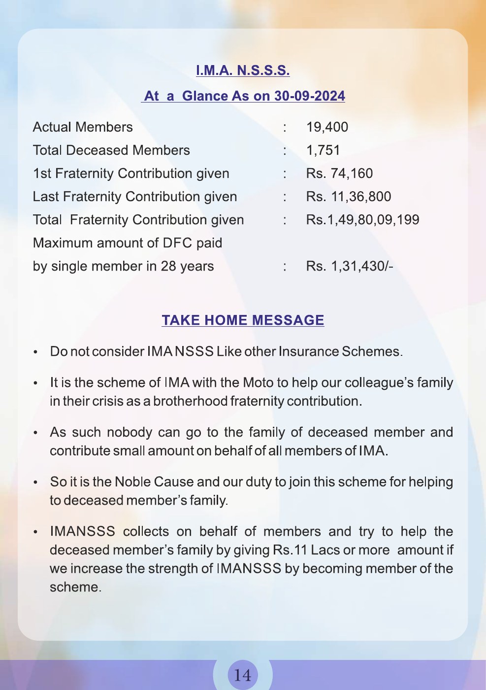 Scanned official IMA schemes brochure, page 14: Social Security Scheme overview