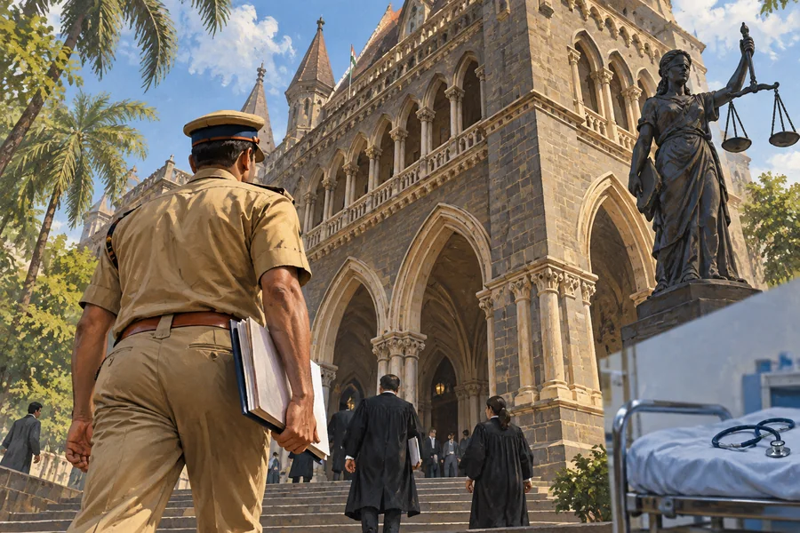 Editorial illustration: Bombay High Court Gothic stone arches seen from a low angle, a uniformed police officer walking toward the courthouse holding an investigation file.