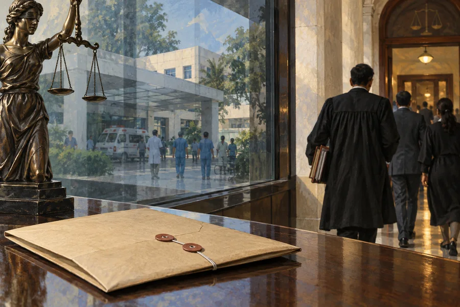Editorial illustration: A hospital entrance reflected in the glass window of a courthouse corridor, a plain disciplinary envelope resting in the foreground.