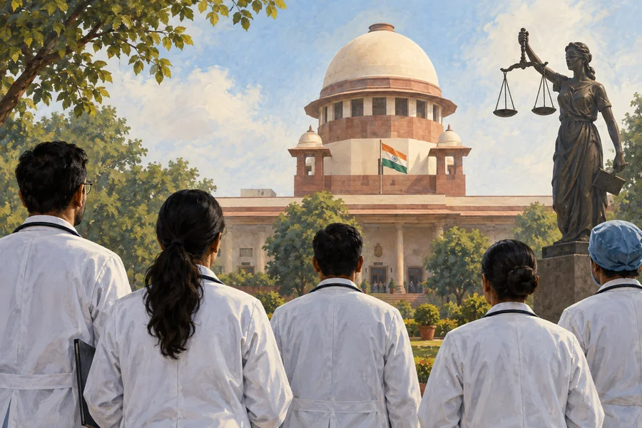 Editorial illustration: Wide illustration of the Indian Supreme Court dome beyond several quietly standing doctors in white coats, their backs to the viewer.
