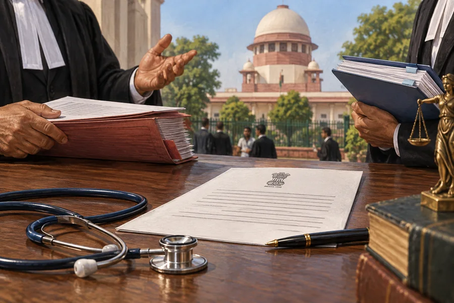 Editorial illustration: Close angled desk scene of two opposing legal submissions beside a plain judicial notice and a doctors stethoscope, institutional courthouse background.