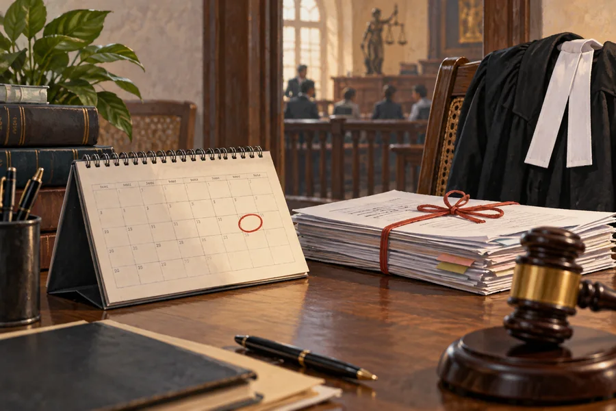 Editorial illustration: An open paper appointment calendar, one late-September date circled without legible digits, beside a neatly tied court petition and a black lawyers coat on a chair.