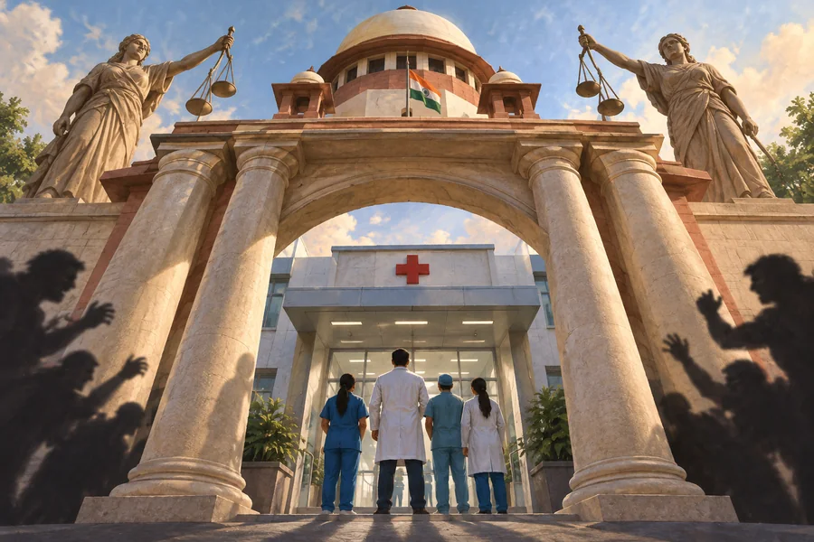 Editorial illustration: A protective architectural arch shaped by an Indian court colonnade over a small hospital entrance and medical worker silhouettes.