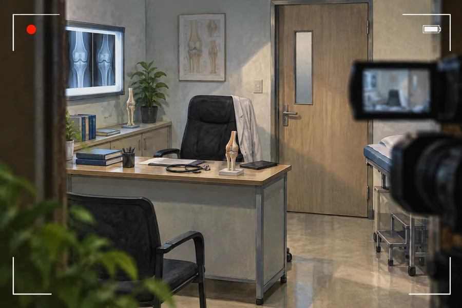 Editorial illustration: An orthopaedic consultation cabin seen through a video-camera viewfinder frame, empty doctors chair, skeletal joint model and a closed examination door.