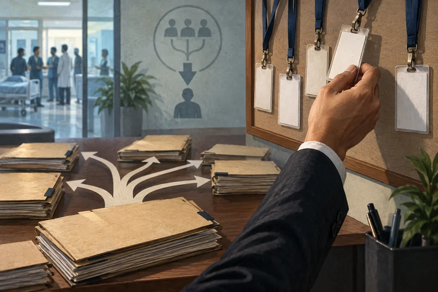 Editorial illustration: A branching arrangement of plain office files with several blank ID badges being removed from a noticeboard by one hand.