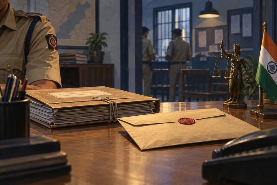 Editorial illustration: Police station evidence desk with a closed case file and plain sealed disciplinary envelope, an officer visible only from the shoulder behind it.