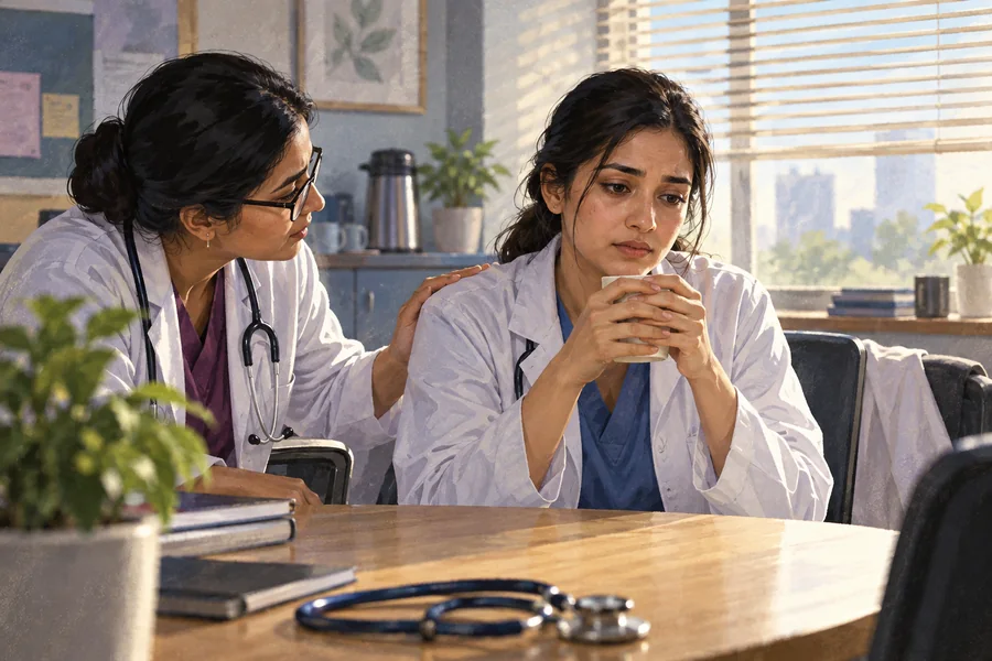 Editorial illustration: A fictional Indian woman doctor seated quietly in a staff room holding a cup with both hands, a supportive colleague nearby and daylight through blinds.