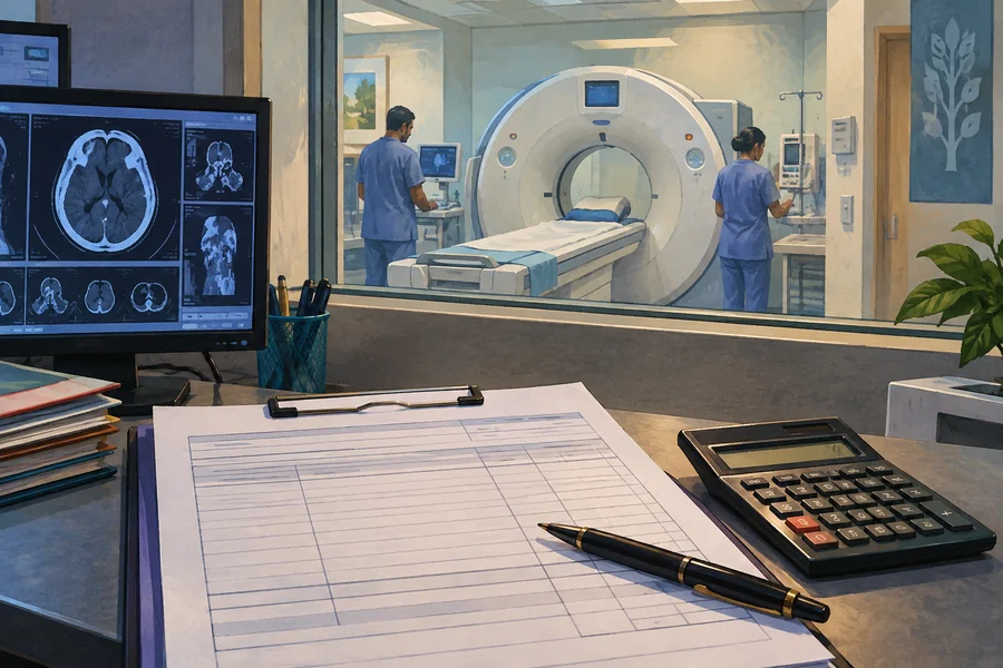 Editorial illustration: A CT scanner viewed through its control-room window, with an itemized blank billing sheet and calculator in the foreground.