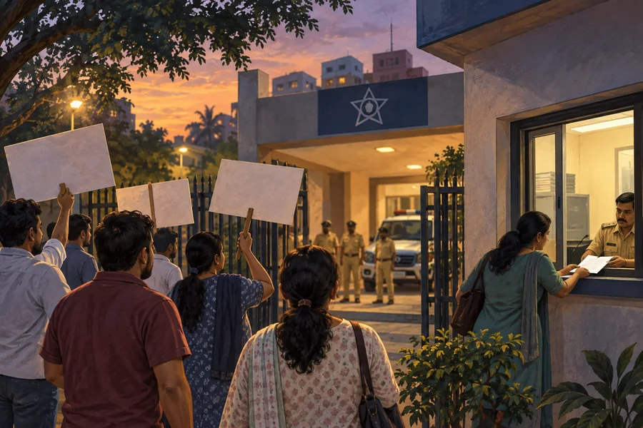 Editorial illustration: A small peaceful group outside a generic Maharashtra police station at dusk with blank placards, while a complaint is received through a side window.