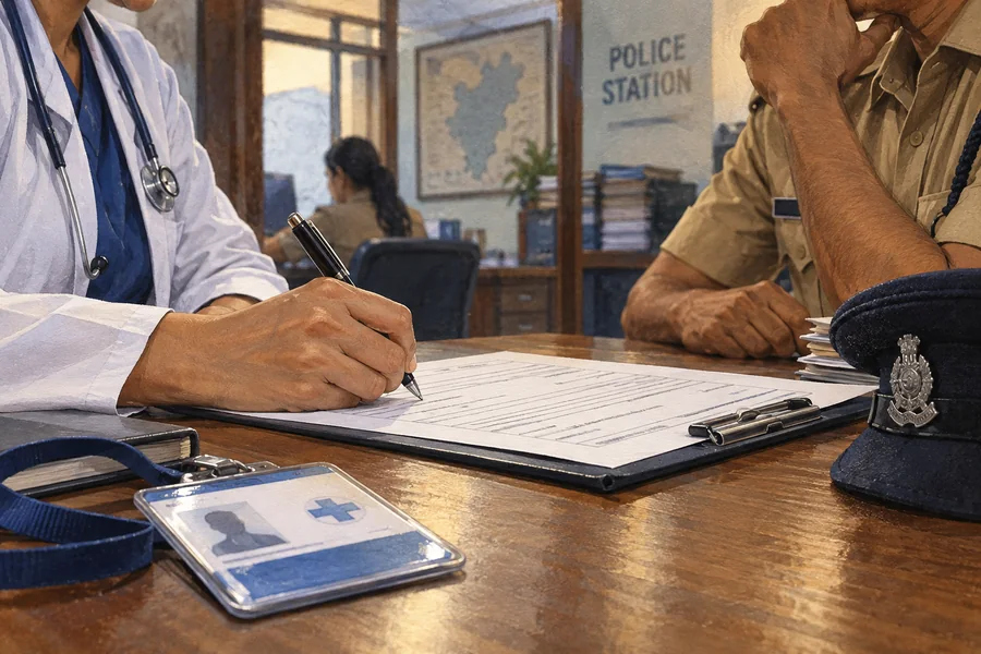 Editorial illustration: Close-up of a police complaint form being signed with a pen beside a hospital identification card, administrative room in the background.