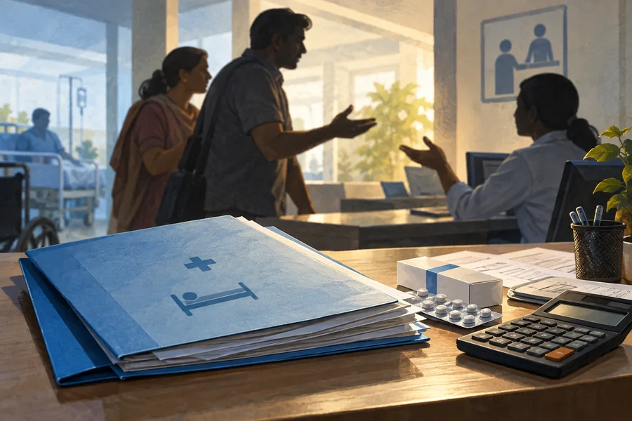Editorial illustration: A hospital discharge folder, medicine packet and calculator on a discharge desk, a patient attendant and billing clerk seen as non-identifying silhouettes beyond.
