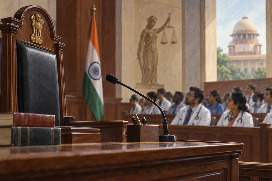 Editorial illustration: Close view of an Indian judges empty bench microphone with rows of doctors seated out of focus in the gallery.