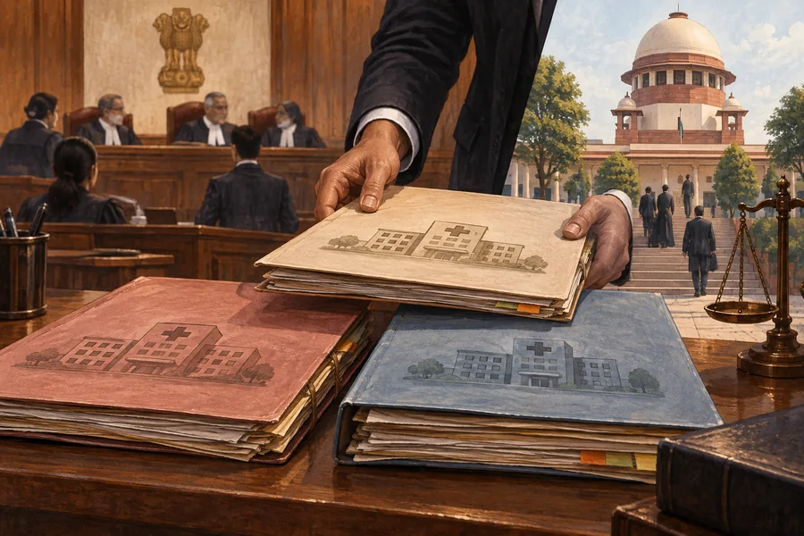 Editorial illustration: A court docket with two separate hospital incident folders beside each other, a clerk placing a fresh file on top while courthouse steps appear in the background.