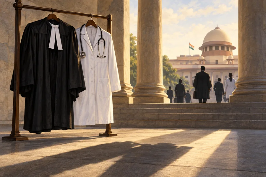 Editorial illustration: An advocates black robe and doctors white coat hanging side by side on a simple rail, their shadows meeting beneath courthouse columns.