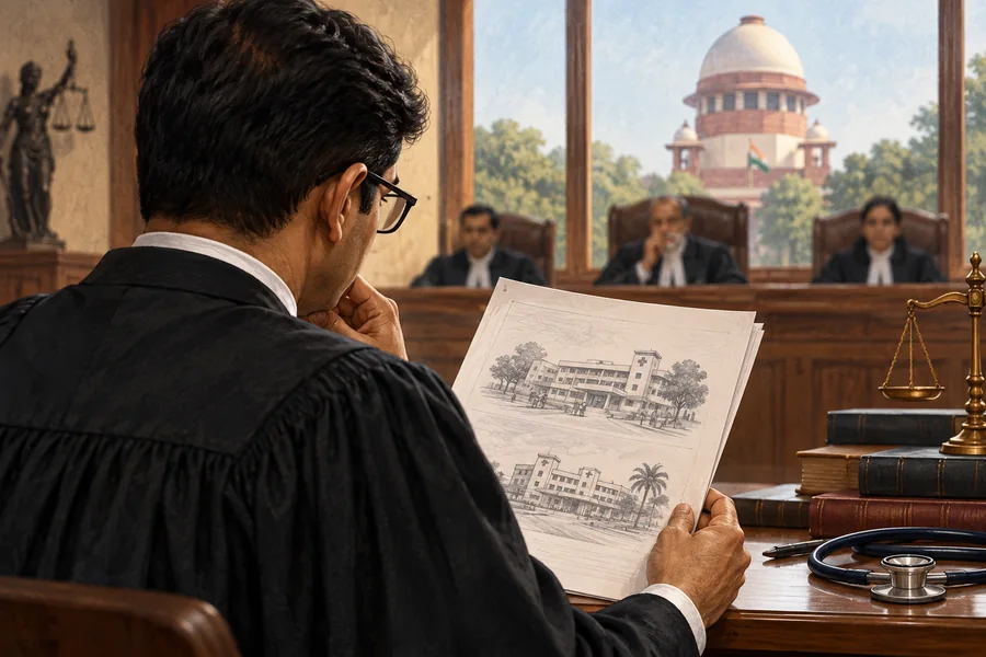 Editorial illustration: Over-the-shoulder view of an Indian advocate reading a plain hearing brief with a small hospital sketch, Supreme Court silhouette beyond a window.