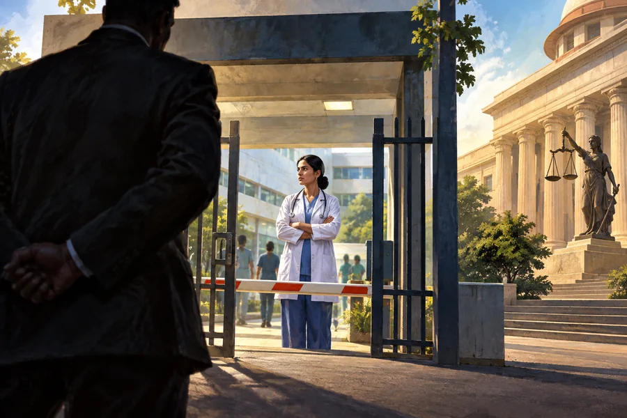Editorial illustration: A hospital access gate with a white-coated medical worker inside and the shadow of an imposing suited figure outside, balanced by a courthouse column.