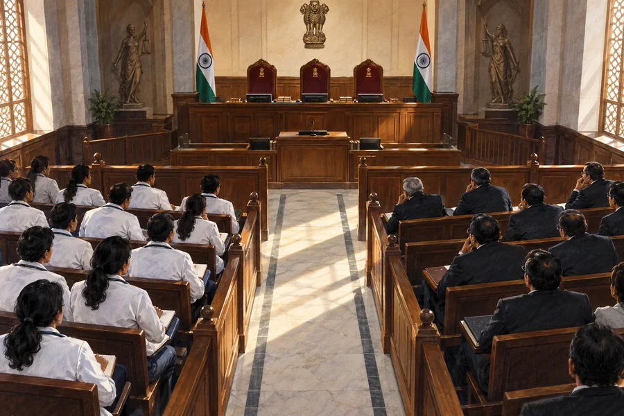 Editorial illustration: Courtroom gallery viewed from above with a doctors delegation on one side and anonymous suited figures on the other, central aisle leading to an empty Indian bench.