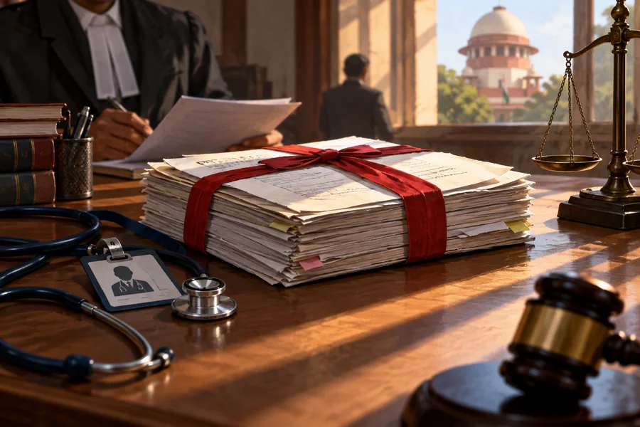 Editorial illustration: A closed bail petition tied with red legal tape on a court clerk desk, a hospital staff badge beside it, strong diagonal light.