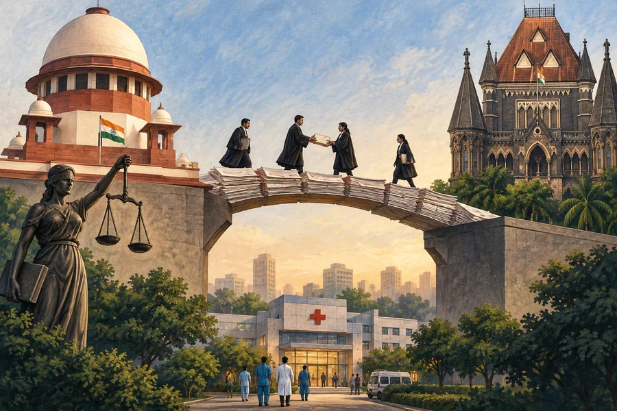 Editorial illustration: Two Indian courthouse architectural silhouettes connected by a bridge of paperwork above a small hospital icon rendered as a real building.