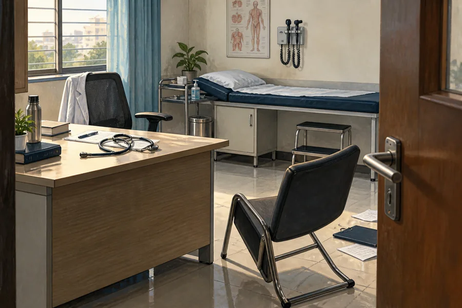 Editorial illustration: An empty hospital consulting cabin with an examination couch, displaced visitor chair and half-open door, a stethoscope on the desk.