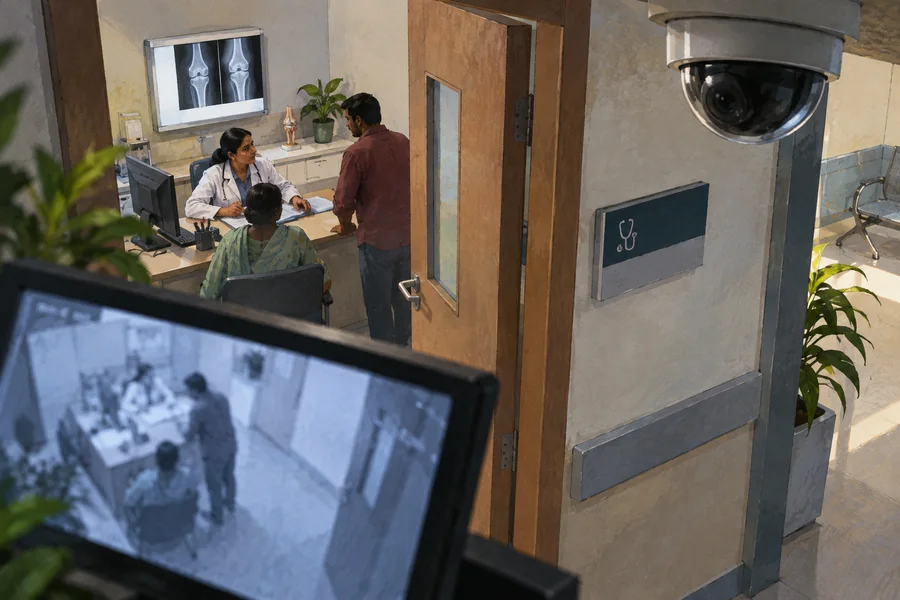 Editorial illustration: A ceiling-mounted security camera above a hospital consultation-room doorway, monitor reflection in the foreground and joint X-ray on the wall.
