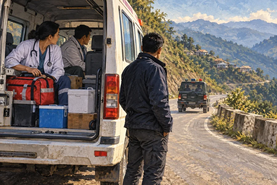 Editorial illustration: A medical outreach vehicle on a winding northeastern Indian hill road, medical bags visible inside and a security escort vehicle at a distance.