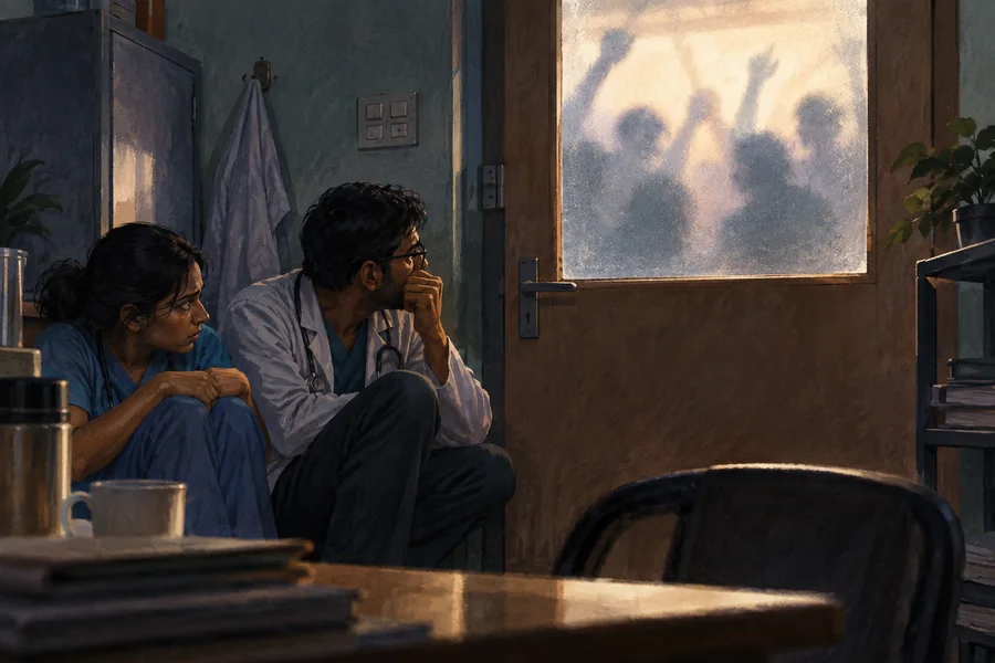 Editorial illustration: A closed rural hospital staff-room door with two clinicians gathered quietly inside, external crowd visible only as blurred distant shadows through frosted glass.