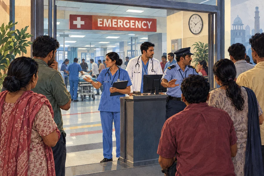 Editorial illustration: A busy Delhi emergency-department reception seen through its entrance, doctor and nurse near a security desk with patient attendants waiting.