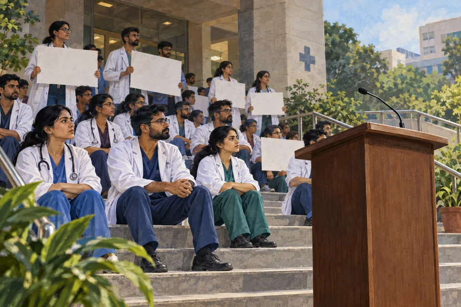 Editorial illustration: Medical residents gathered peacefully on a hospital courtyard staircase asking for workplace accountability, blank placards and white coats, one empty lectern foreground.