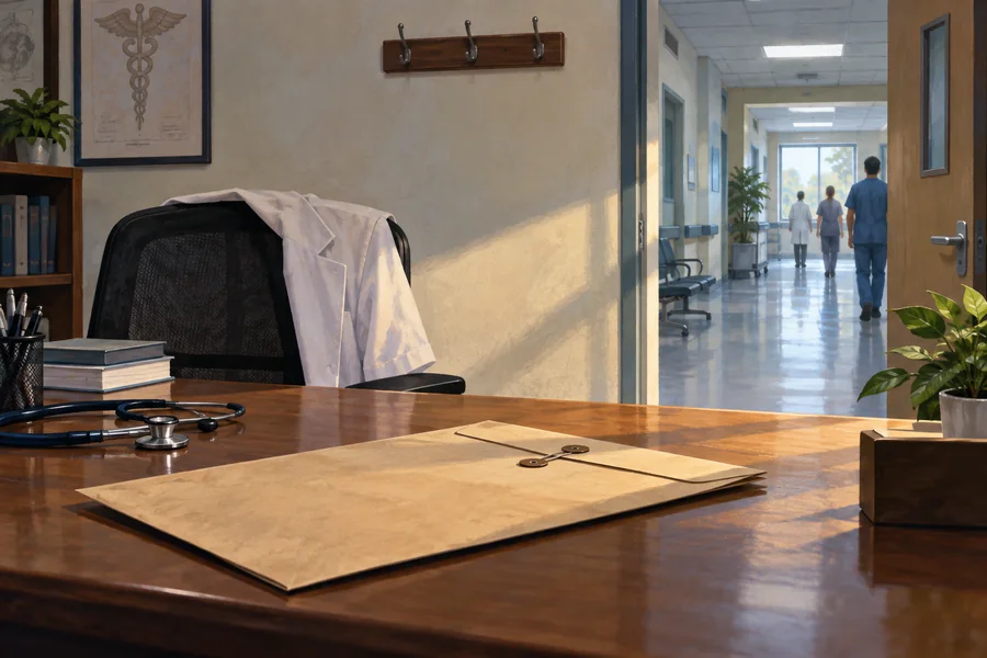Editorial illustration: A plain transfer-order envelope and a cleared senior doctors office desk, empty wall hook and hospital corridor beyond.