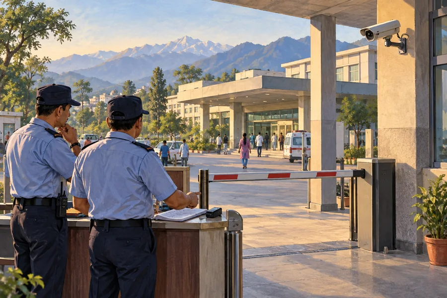 Editorial illustration: A Dehradun hospital entrance at early morning with two security staff reviewing a visitor entry desk and barrier, Himalayan foothill light.