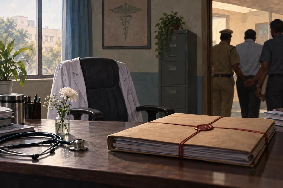 Editorial illustration: A subdued government hospital office with a sealed inquiry file, an empty medical officers chair and a small white flower.