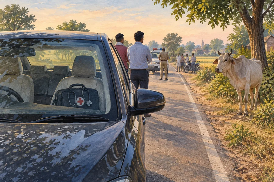 Editorial illustration: A stopped car on a quiet rural Uttar Pradesh road with a cow standing safely at the roadside and a medical bag on the front seat, bystanders distant.