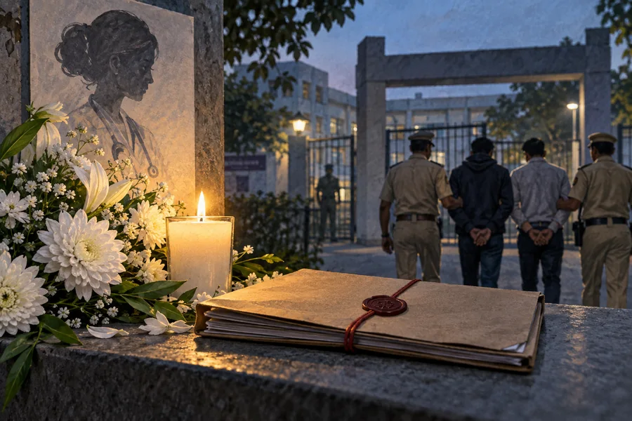 Editorial illustration: A quiet memorial candle and white flowers beside a sealed criminal-investigation folder, a generic institutional gate beyond.