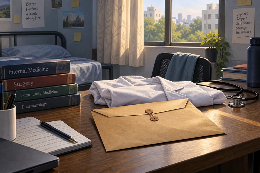 Editorial illustration: An empty postgraduate medical hostel study desk with folded white coat, textbooks and a confidential complaint envelope, soft window light.