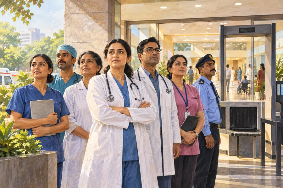 Editorial illustration: A diverse fictional healthcare team standing together at the boundary between a welcoming hospital entrance and a simple security checkpoint.