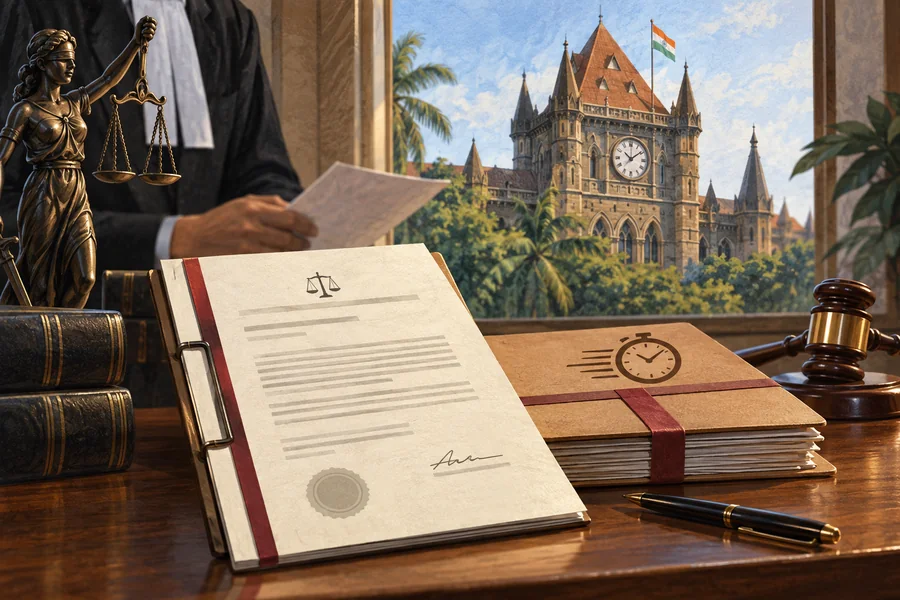 Editorial illustration: A courthouse clock, a conditional-release document with no readable text and a neat expedited-hearing file on a wooden desk.