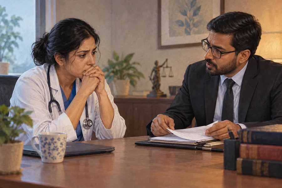 Editorial illustration: A fictional doctor and lawyer in a quiet consultation room, doctor listening with hands clasped while the lawyer sets down notes.